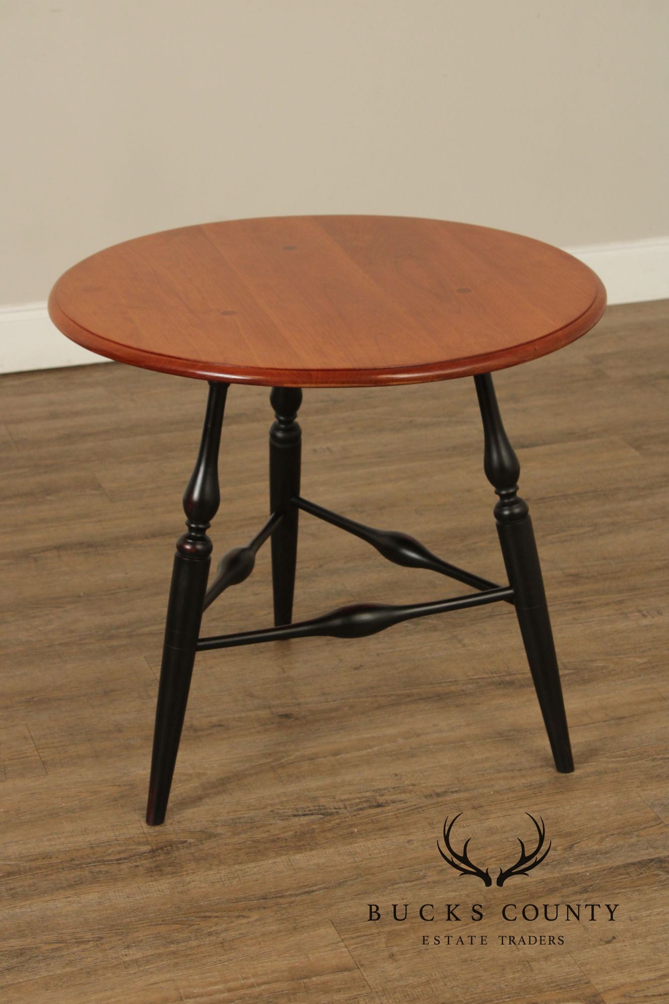 Custom Crafted Windsor Style Round Cherry and Ebonized Maple Side Table