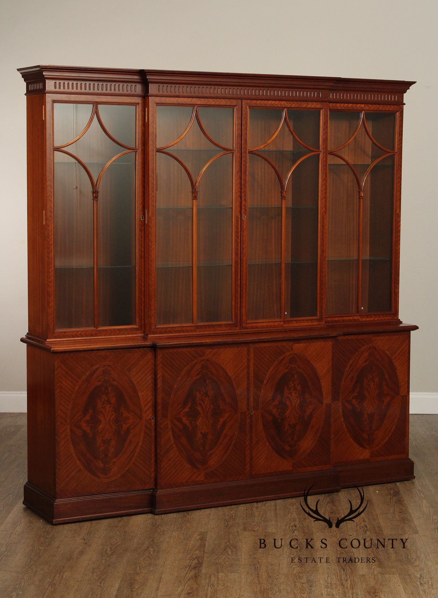 Georgian Style Mahogany and Satinwood Breakfront Bookcase