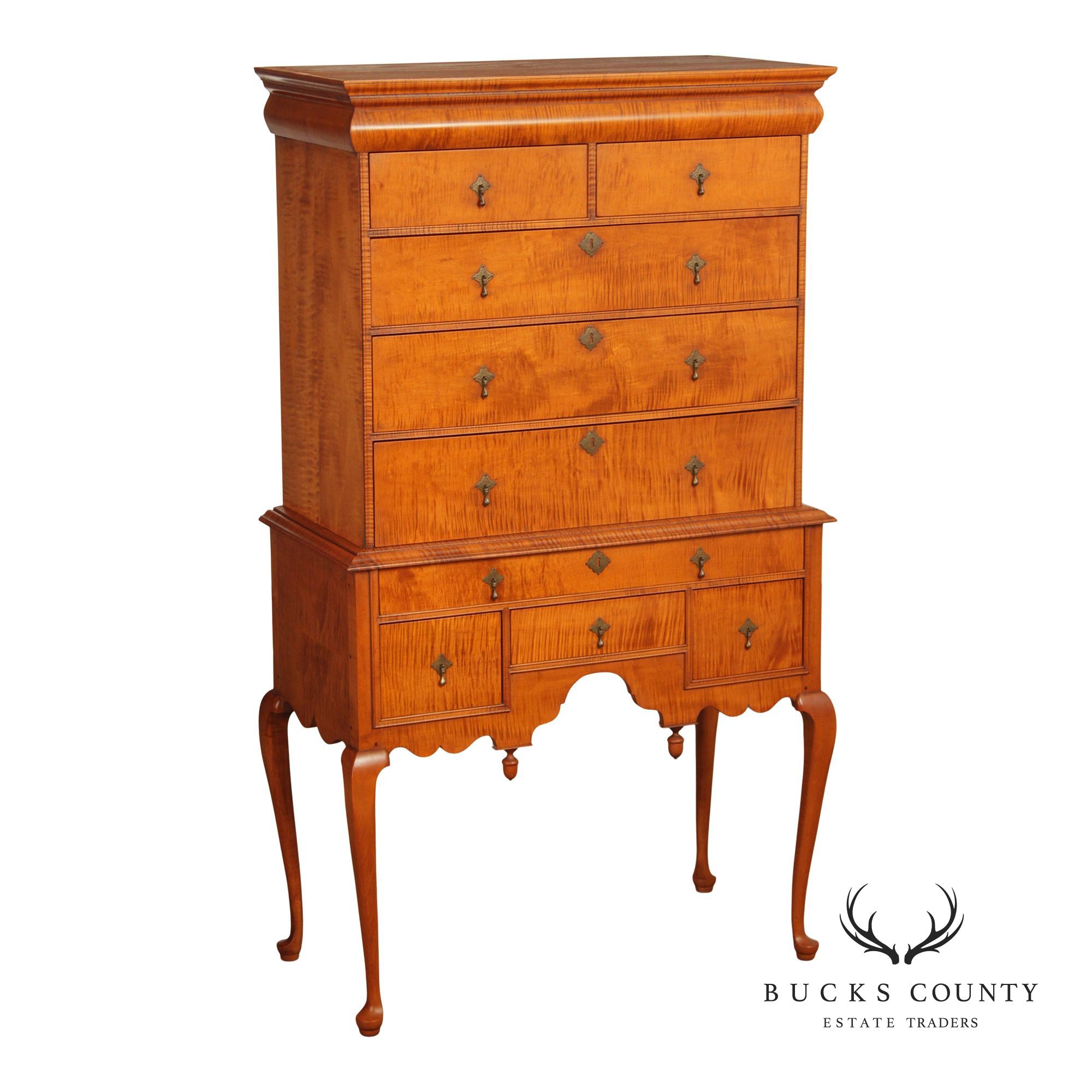Simms & Thayer Queen Anne Style Tiger Maple Highboy