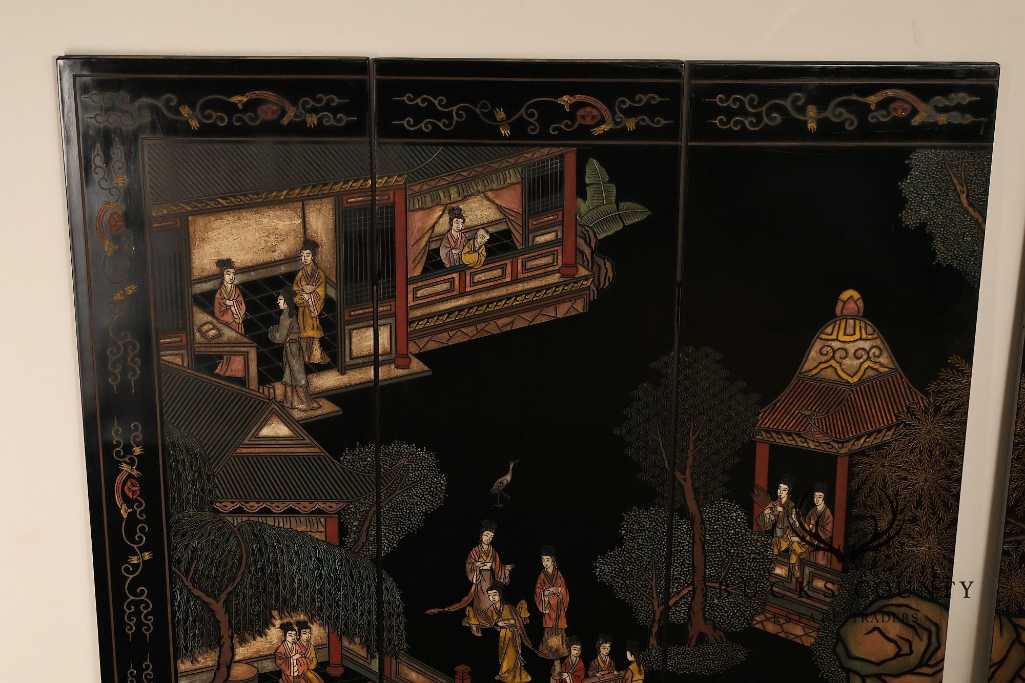 Asian Style Black Vintage Lacquer Six Panel Folding Screen