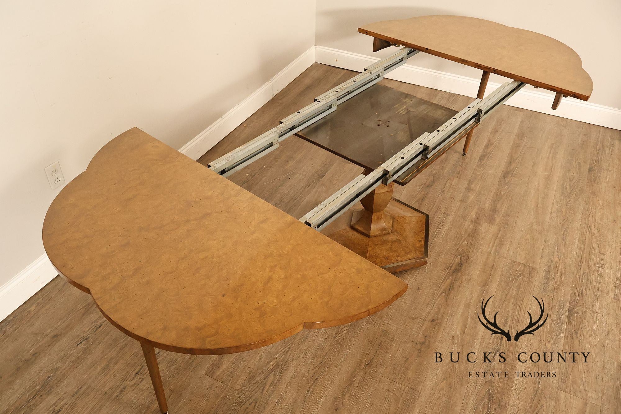 Mastercraft Hollywood Regency Burlwood Pedestal Expandable Dining Table