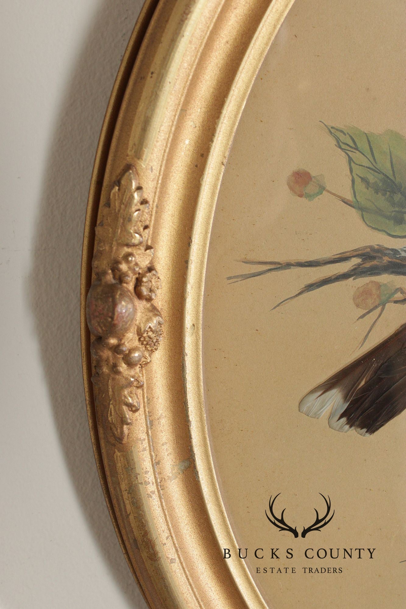 Antique Pair of Feather Art Bird Paintings