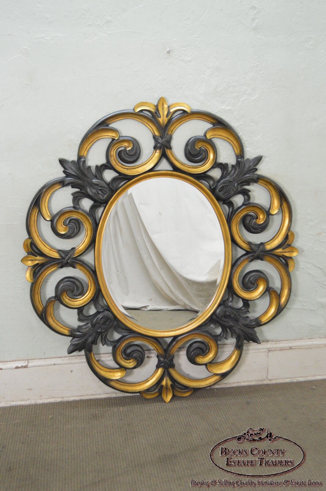 Large Baroque Style Partial Gilt Beveled Wall Mirror