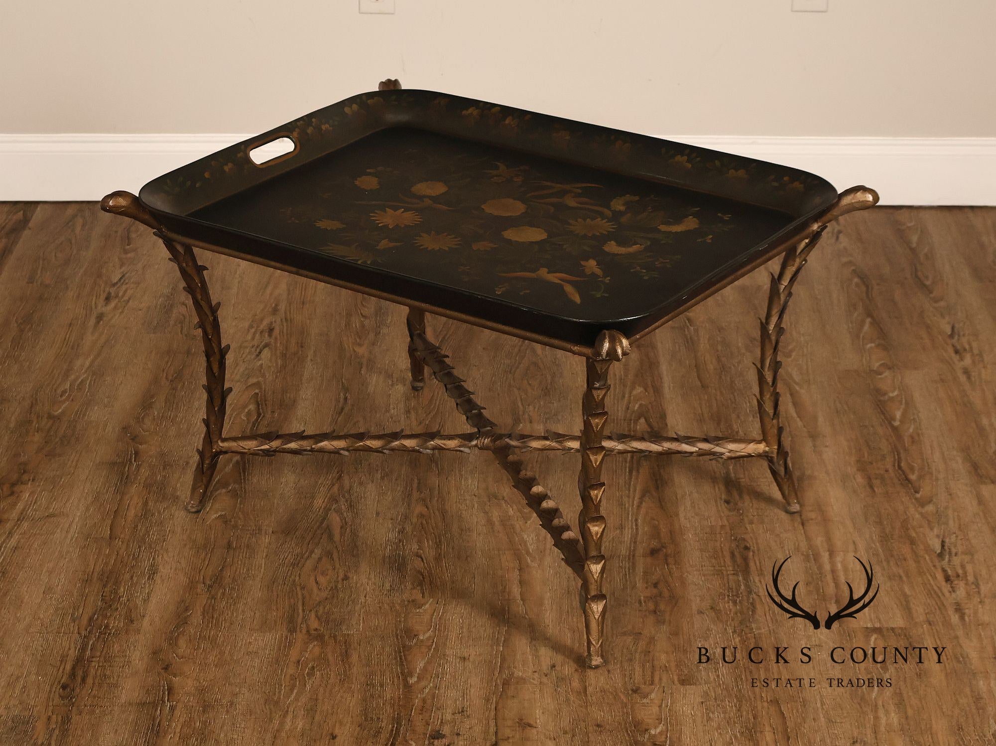 Tole Painted Tray Top Coffee Table With Gilt Metal Base