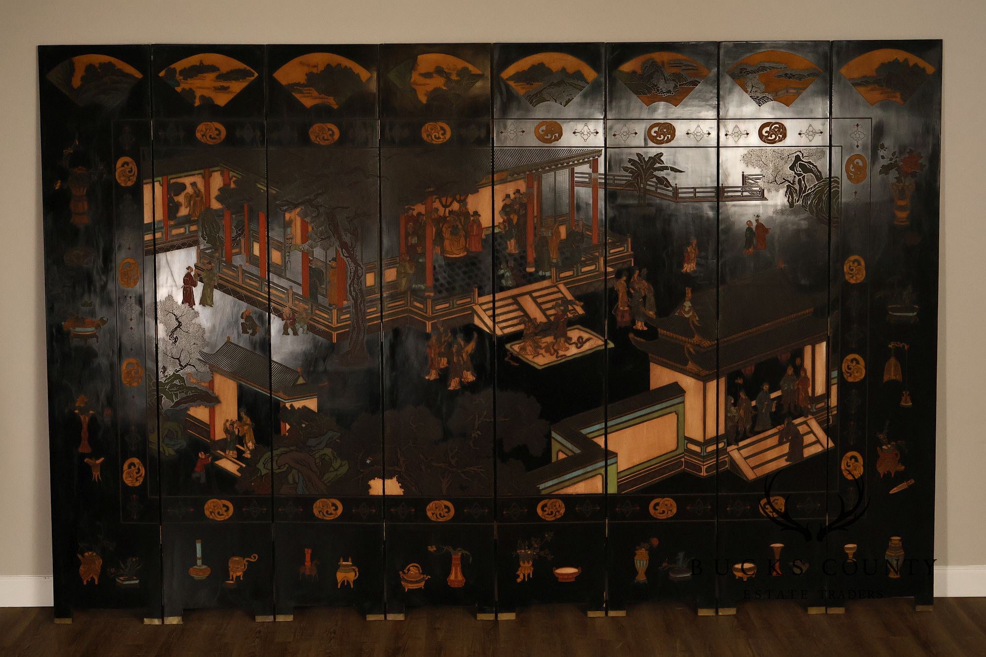 Chinese Coromandel Style Pair Of Eight Panel Folding Screens