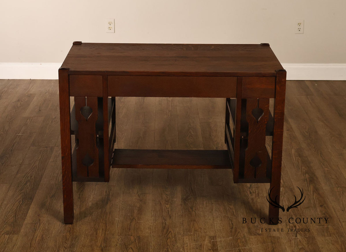 Antique Arts And Crafts Mission Oak Writing Desk With Side Shelves