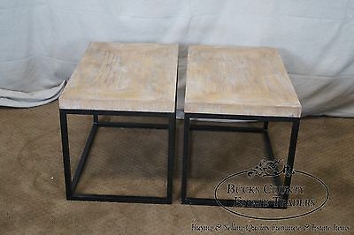 Jonathan Charles Cerused Oak Pair of Iron Base Side Tables