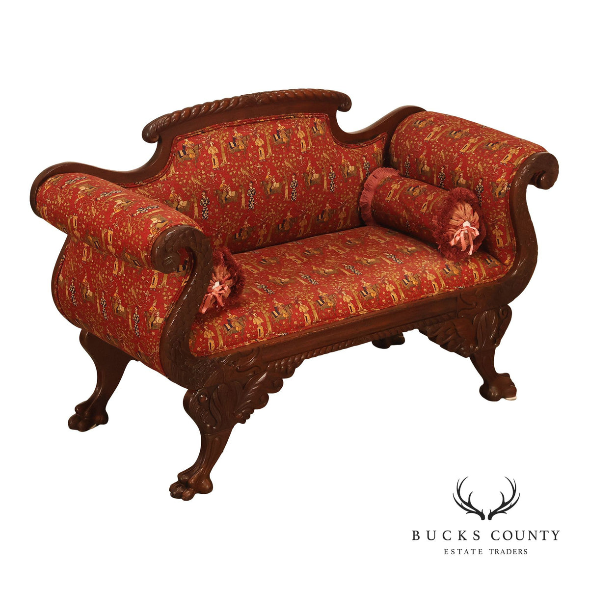 Antique American Empire Carved Mahogany Sofa With Scrolled Arms And Lion Paw Feet