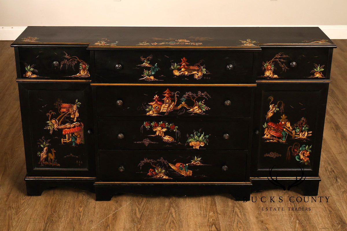 Chinoiserie Style Black Lacquer Hand Painted Sideboard With Hidden Secretary Desk