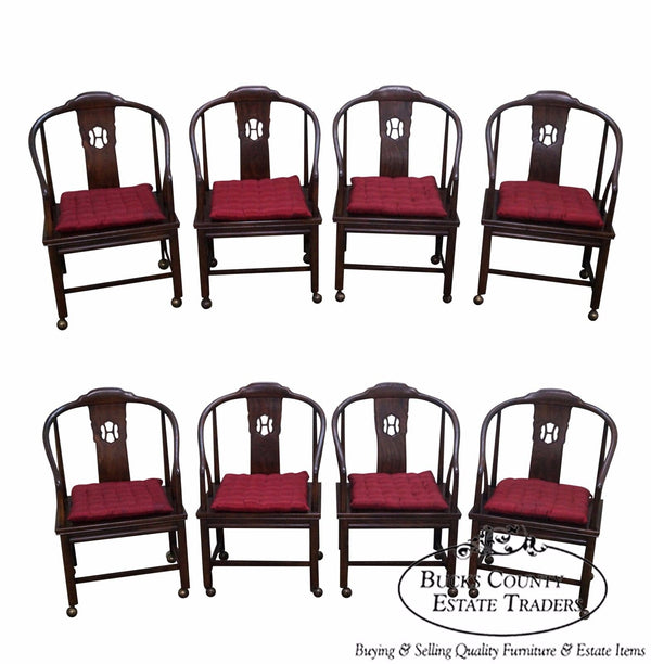 Henredon Set of 8 Solid Elm Wood Chinese Style Barrel Back Dining Chairs