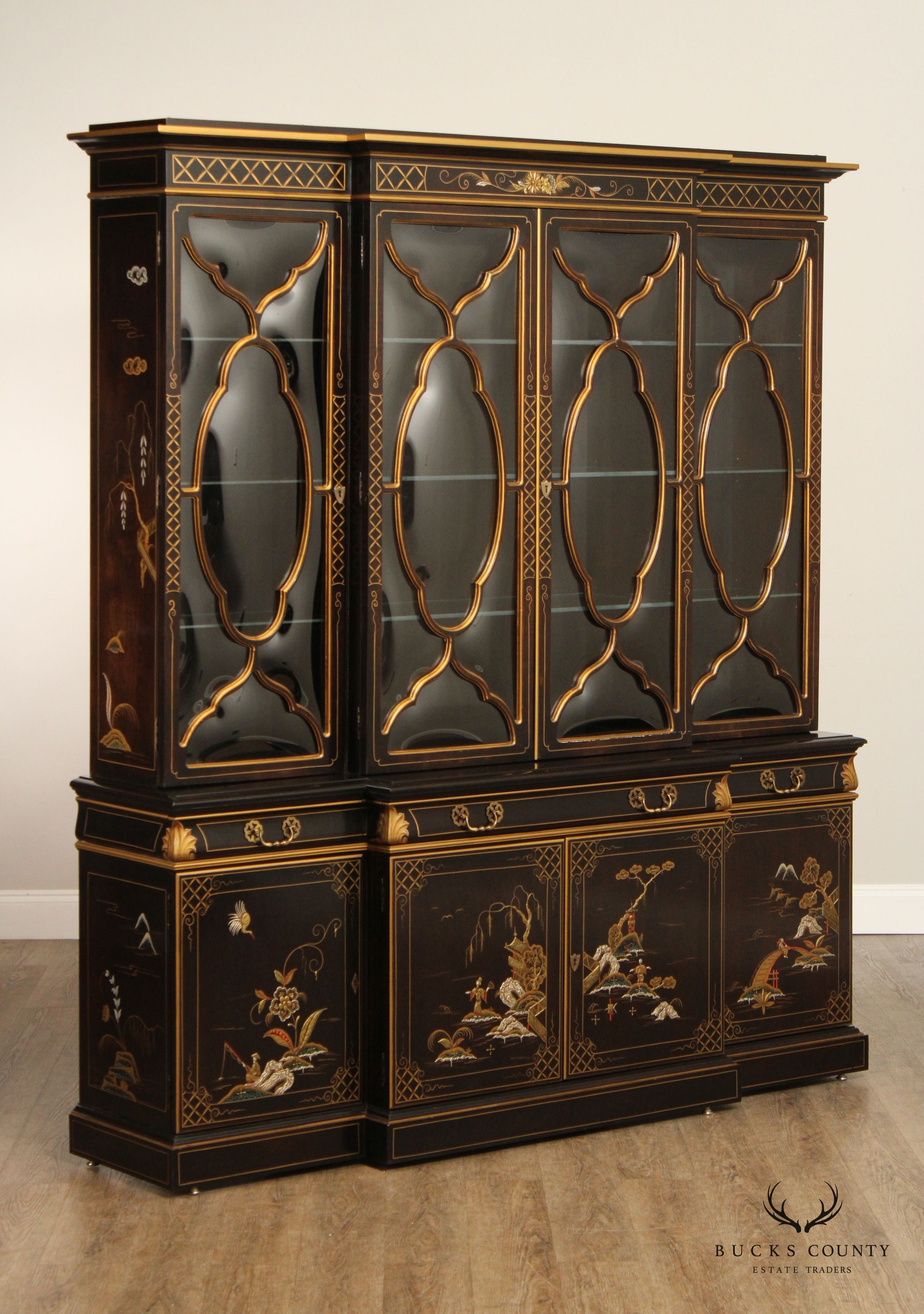 Karges Chinoiserie Decorated Breakfront China Display Cabinet