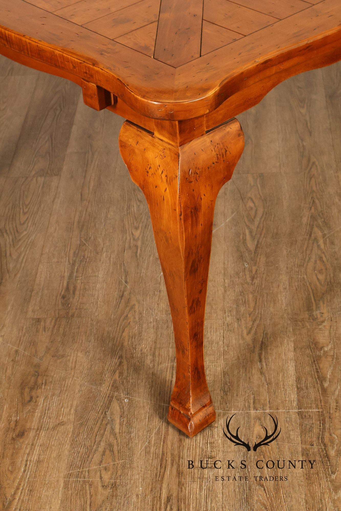 French Provincial Style Parquetry Top Dining Table with Scalloped Apron and Cabriole Legs