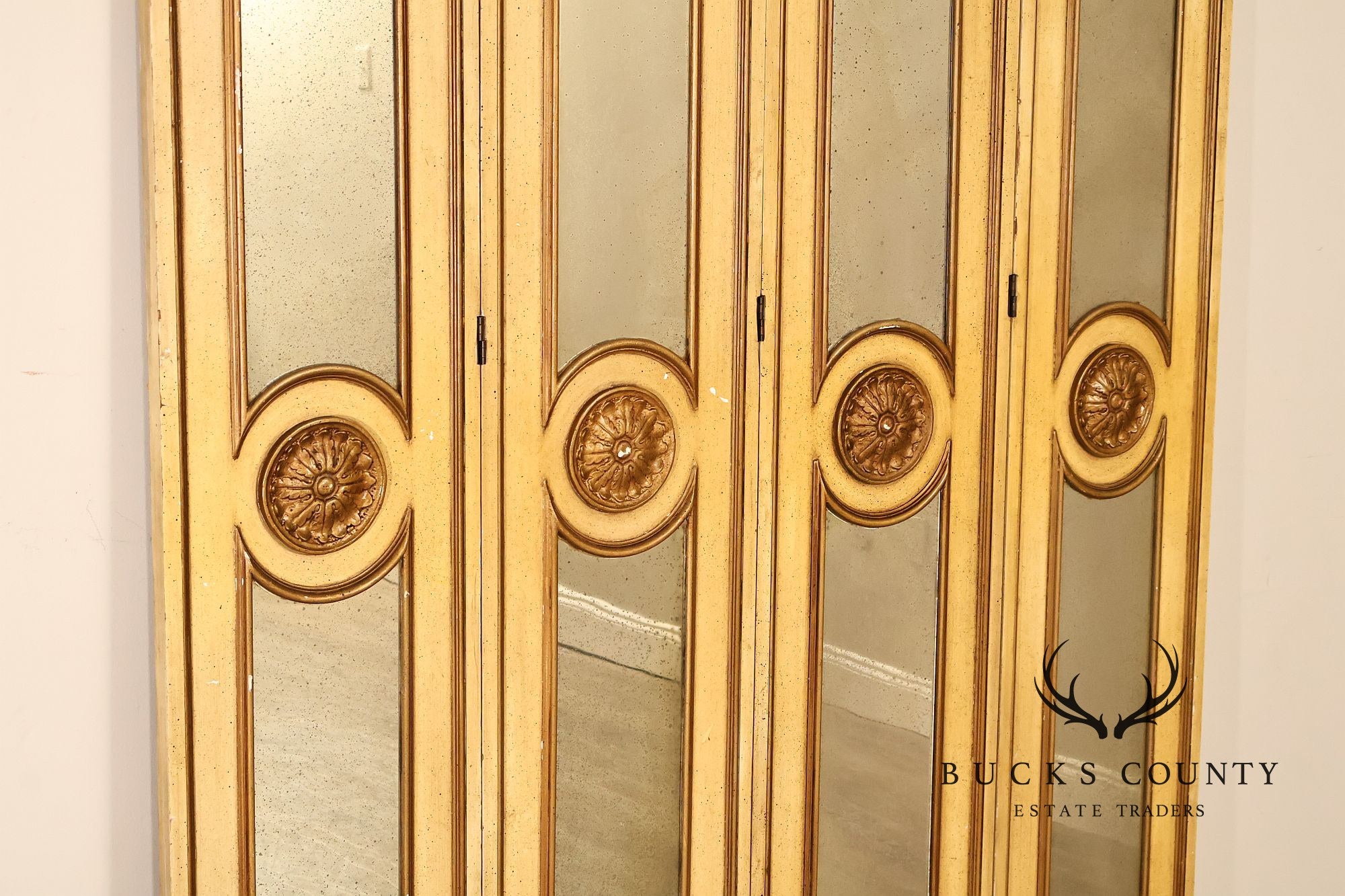 Vintage Rococo Style Painted & Mirrored Four-Panel Folding Screen