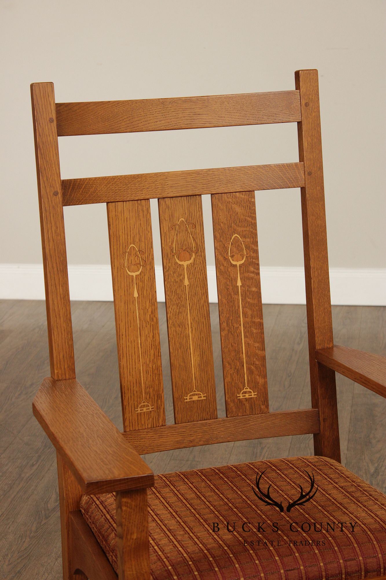 Stickley Mission Collection Set Of Four Harvey Ellis Oak Inlaid Dining Chairs