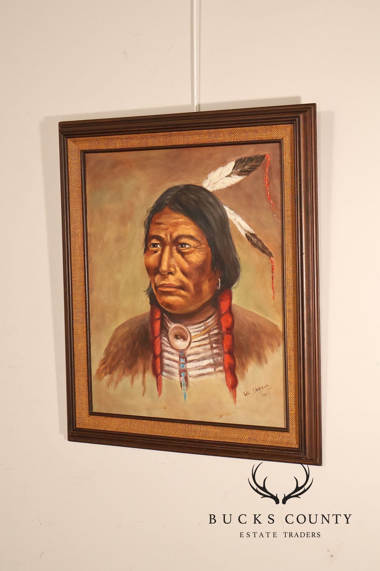 Framed Native American Portrait Painting Signed Wil Hamond 1981 "Lone Hawk"