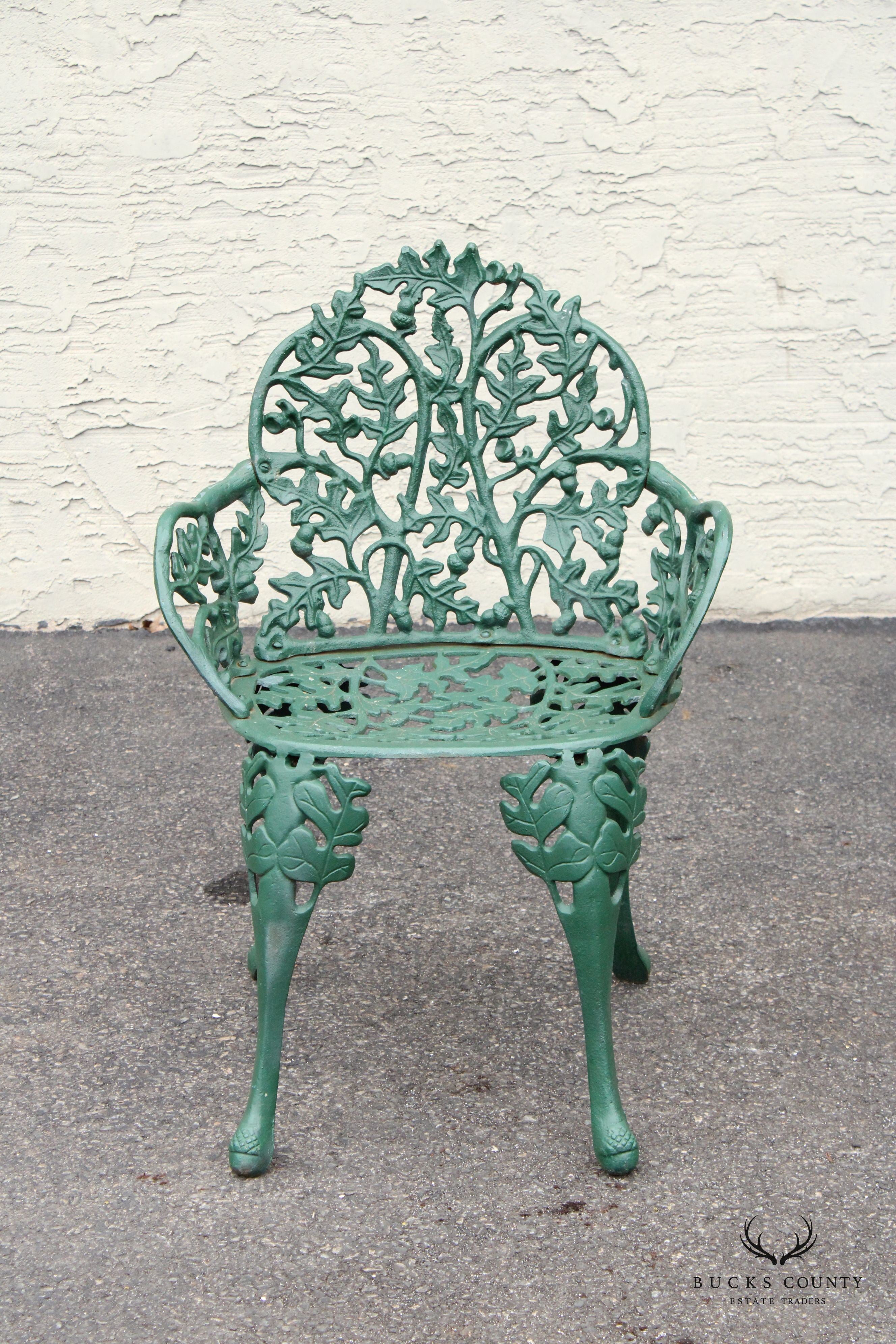 English Traditional Cast Iron Oak and Acorn Outdoor Garden Chair