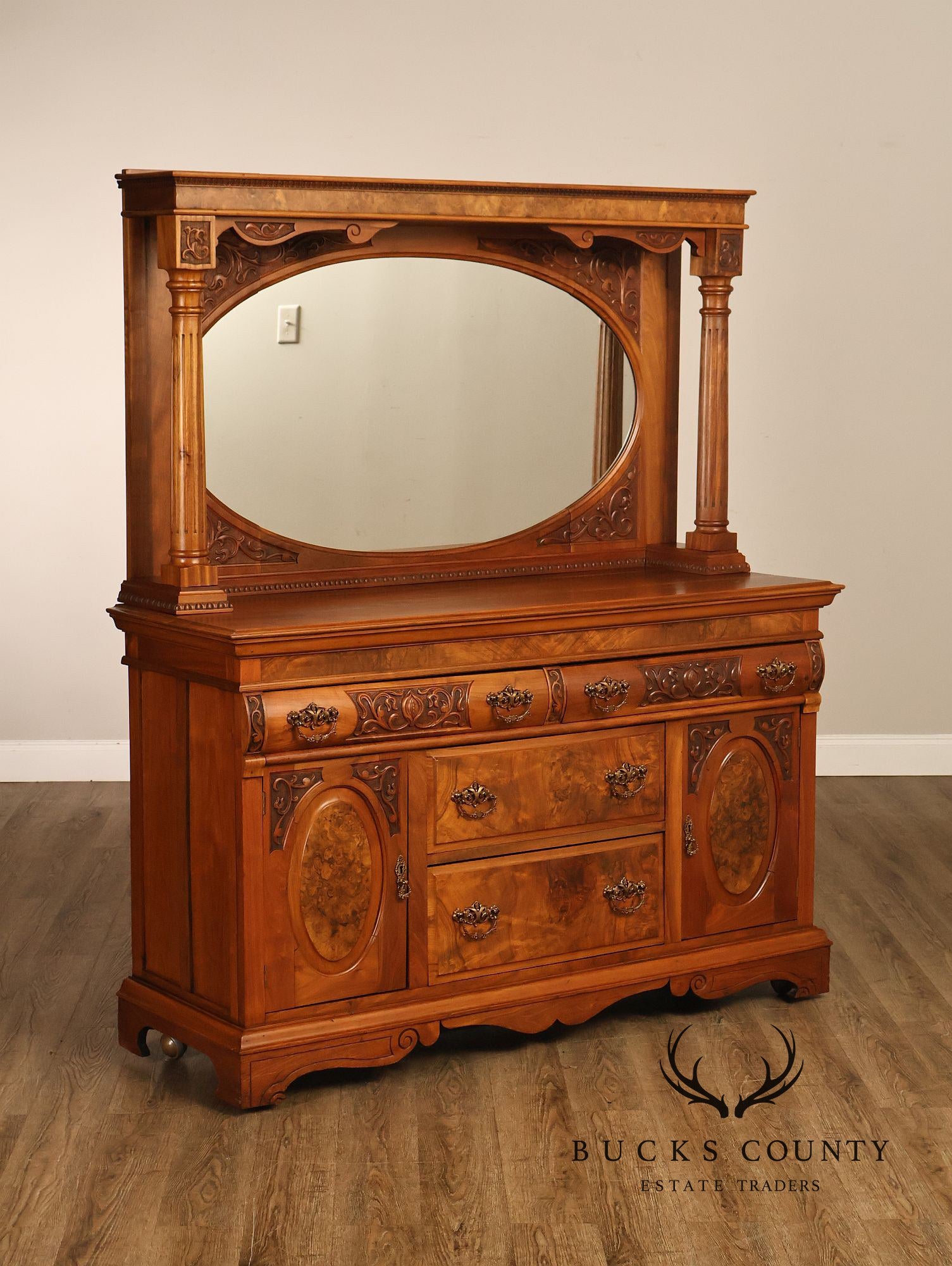 Antique Mirrored Burl Walnut Buffet Sideboard