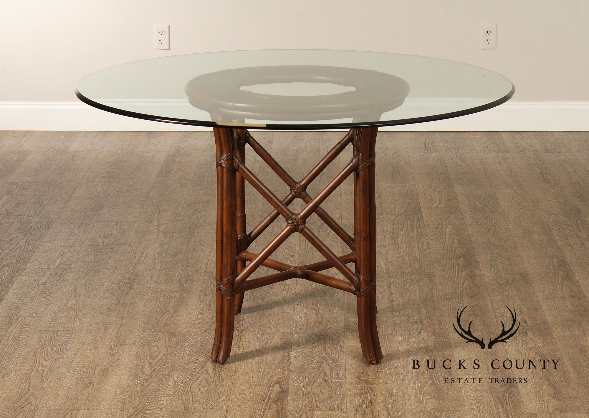 Hollywood Regency Round Glass Top Rattan Dining Table