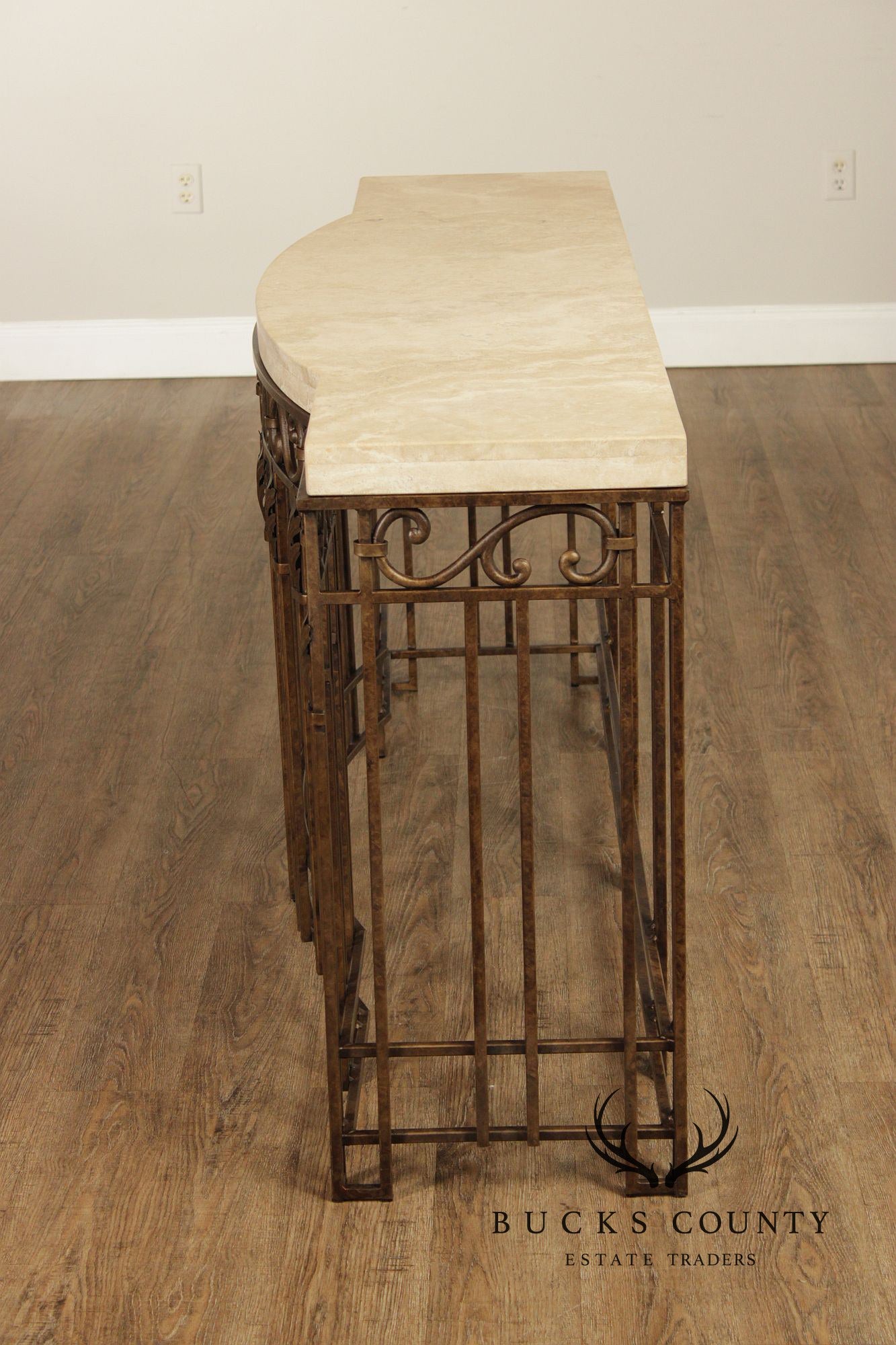 Wrought Iron Travertine Top Long Console Table