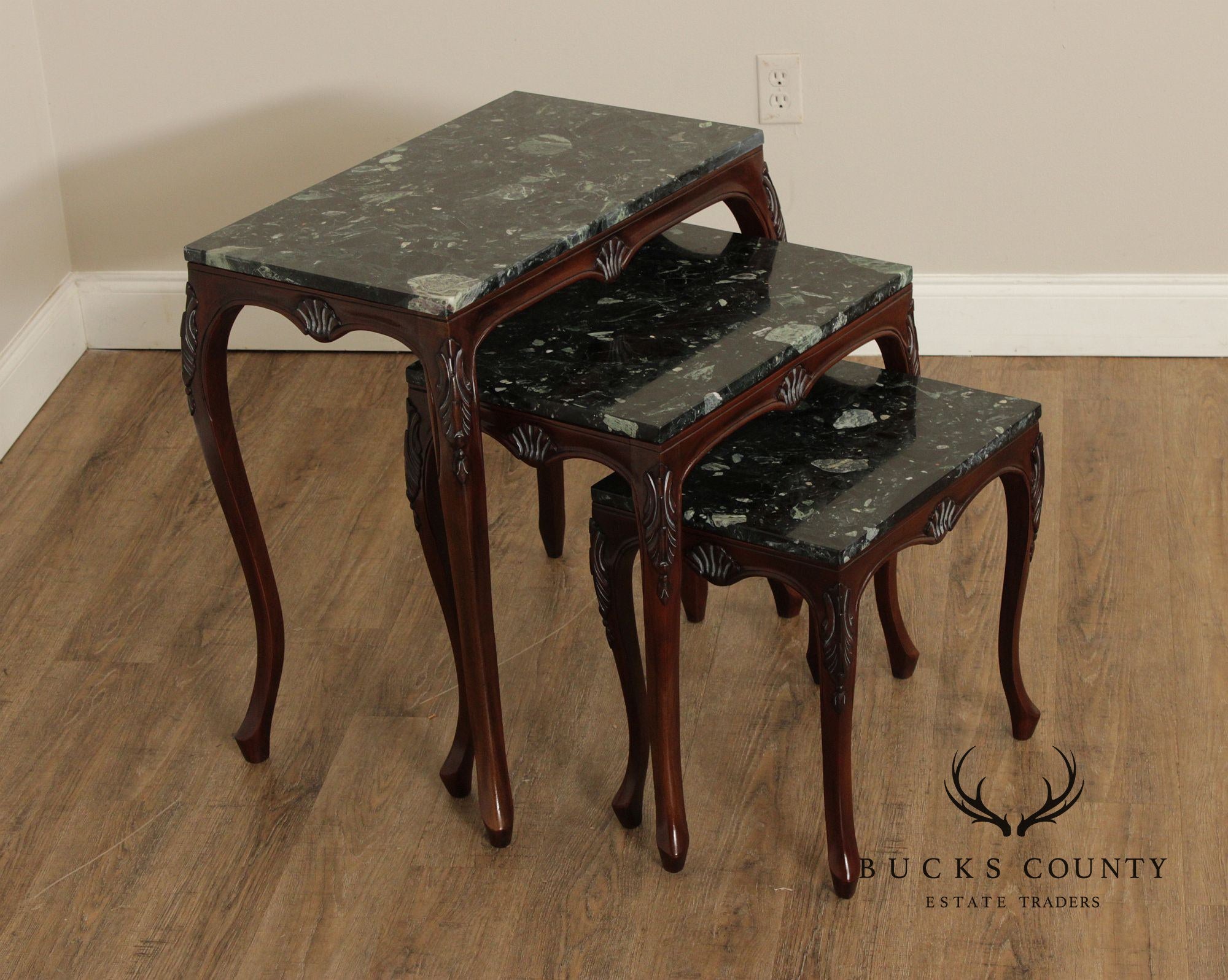 Rococo Style Set of Three Marble Top Mahogany Nesting Tables