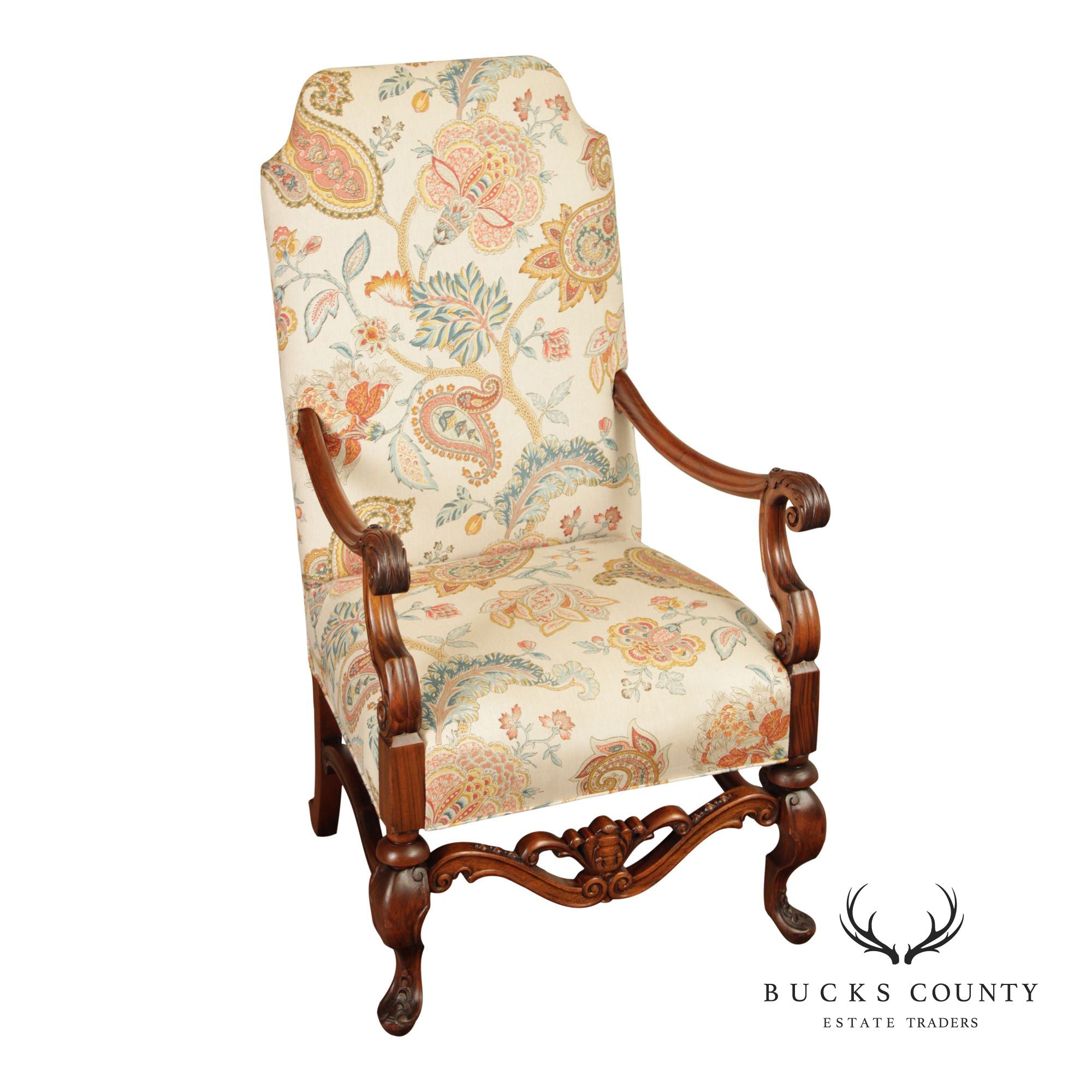French Louis XIII Style Walnut Carved Armchair