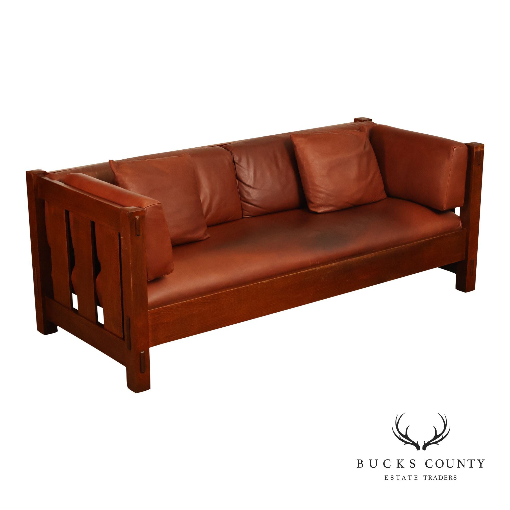 Stickley Mission Collection Oak Settle With Leather Cushions