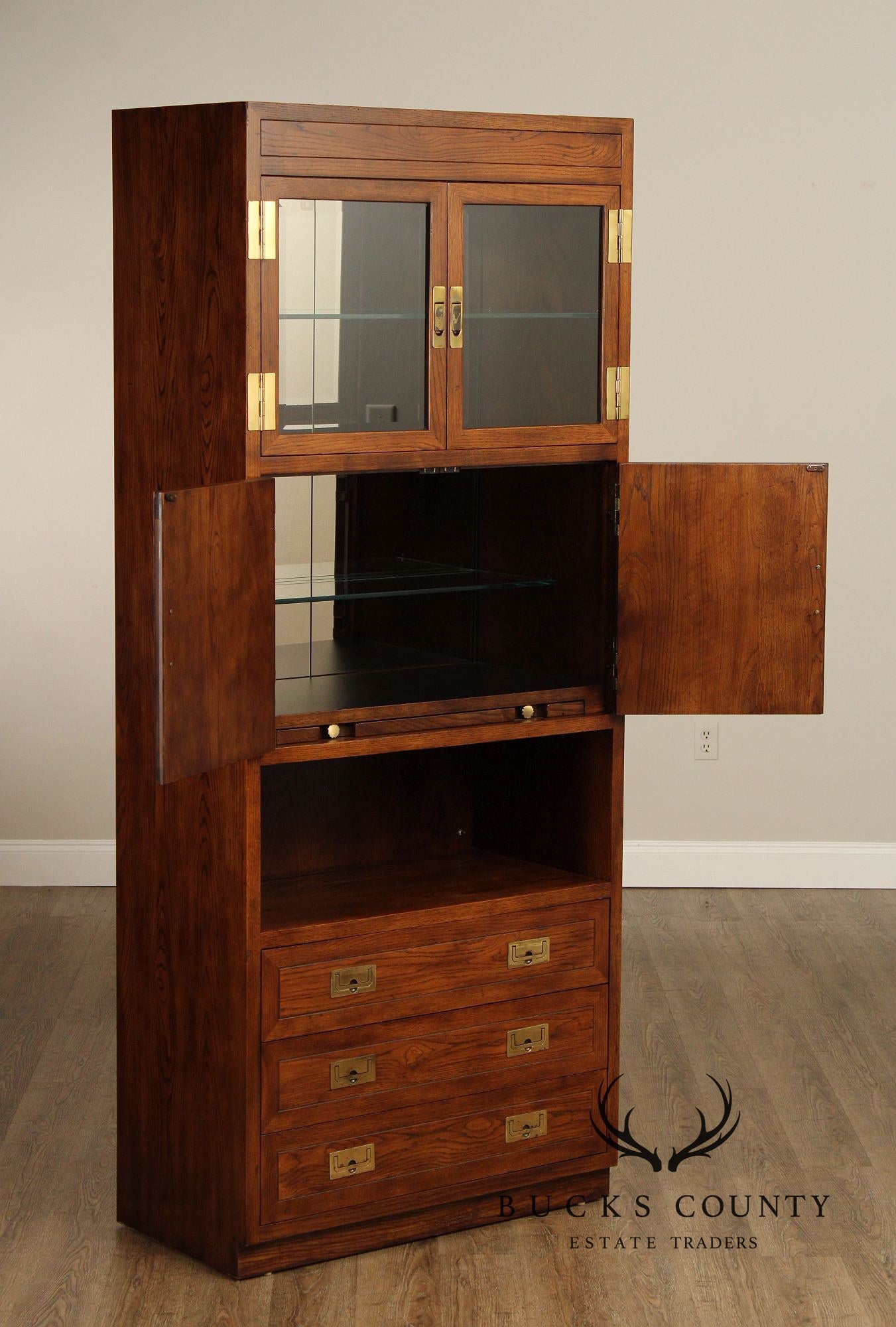 Henredon 'Scene One' Campaign Style Oak Bookcase Display Bar Cabinet