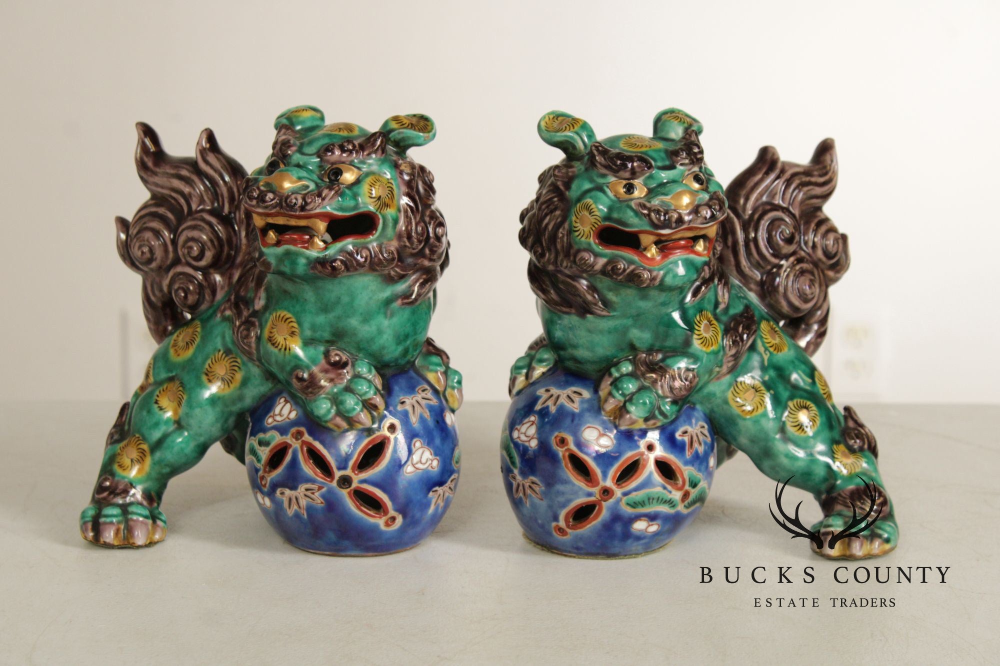 Vintage Chinese Pair of Painted Porcelain Foo Dogs