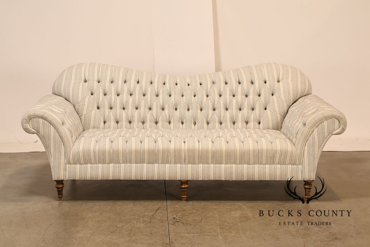 Cambridge Collection Tufted Blue And White Striped Upholstered Sofa