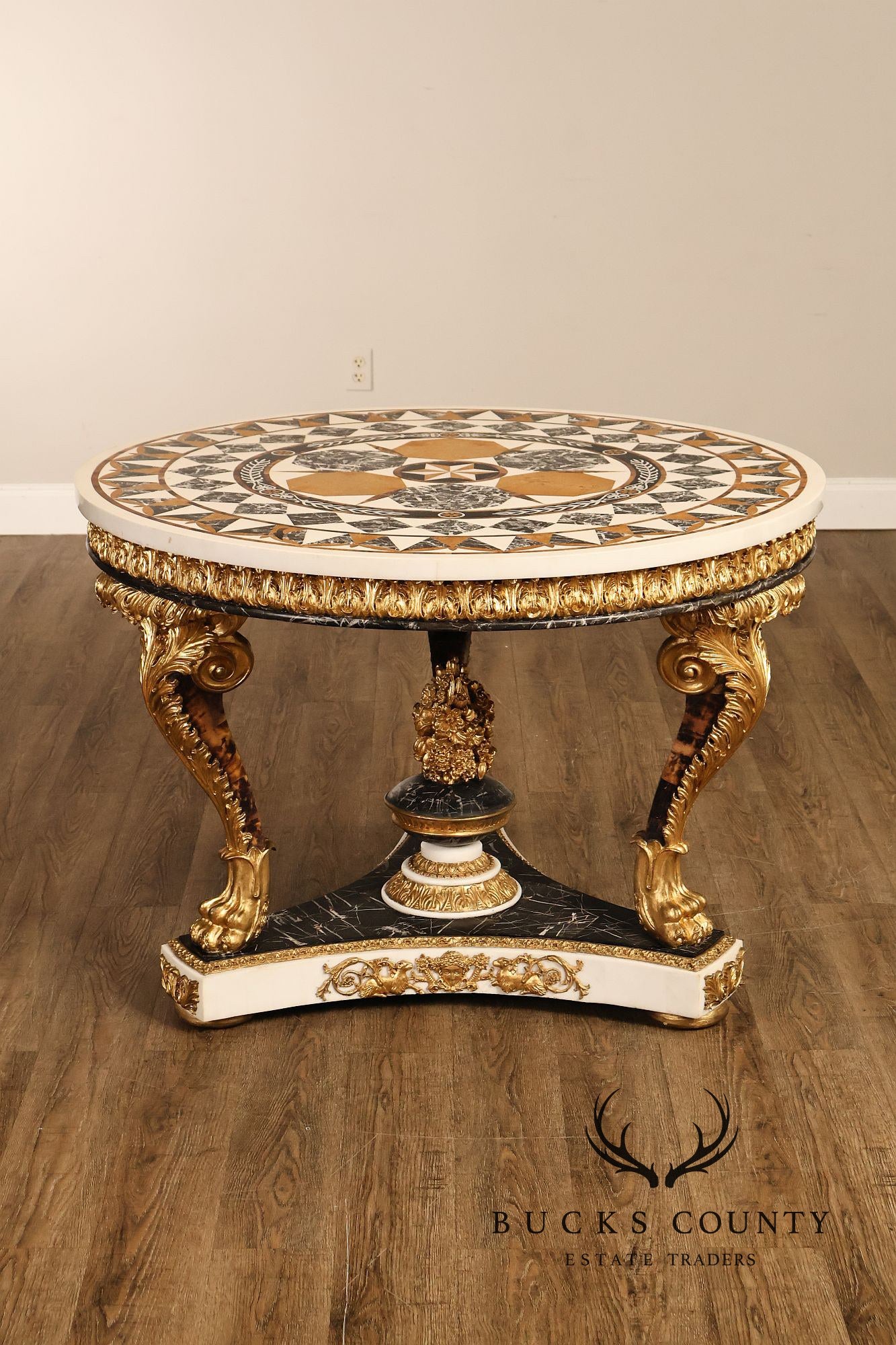 Empire Style Round Pietra Dura Center Table With Gilt Carved Base