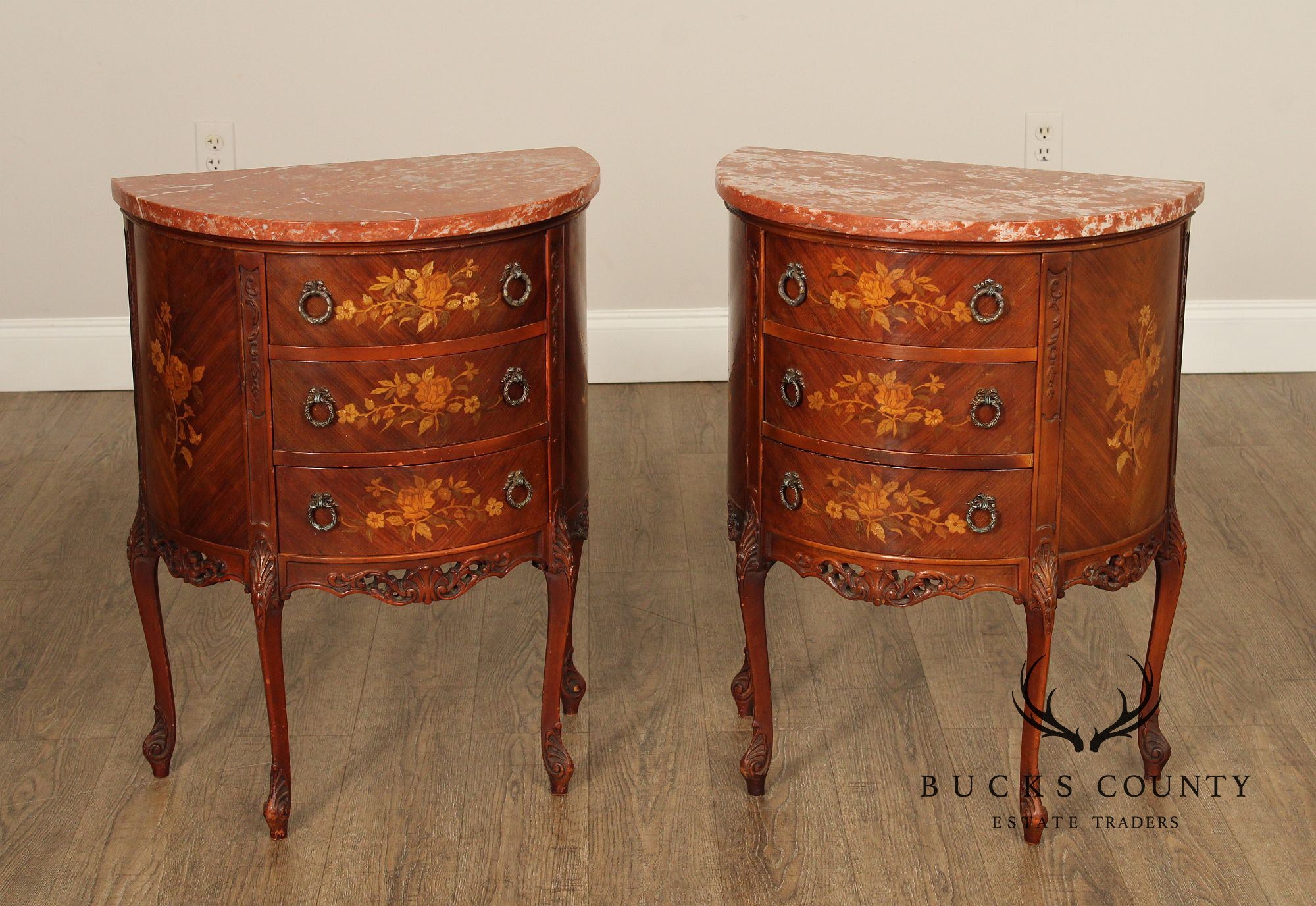 1930's French Louis XV Style Pair Marquetry Inlaid Marble Top Nightstands or Side Chests