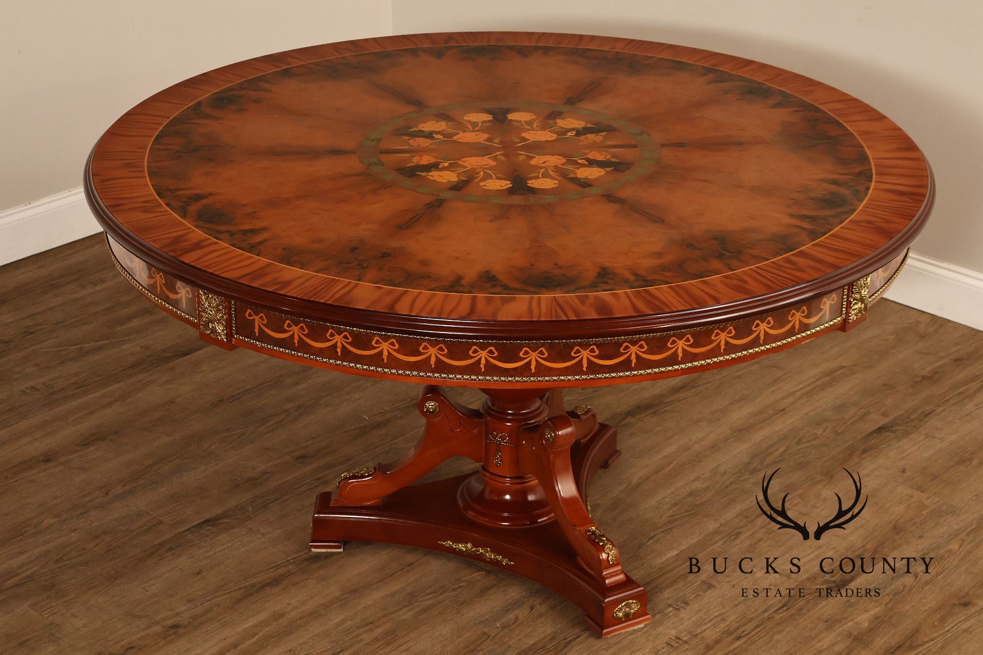 60” Round Pedestal Inlaid Burl Wood Dining or Center Table