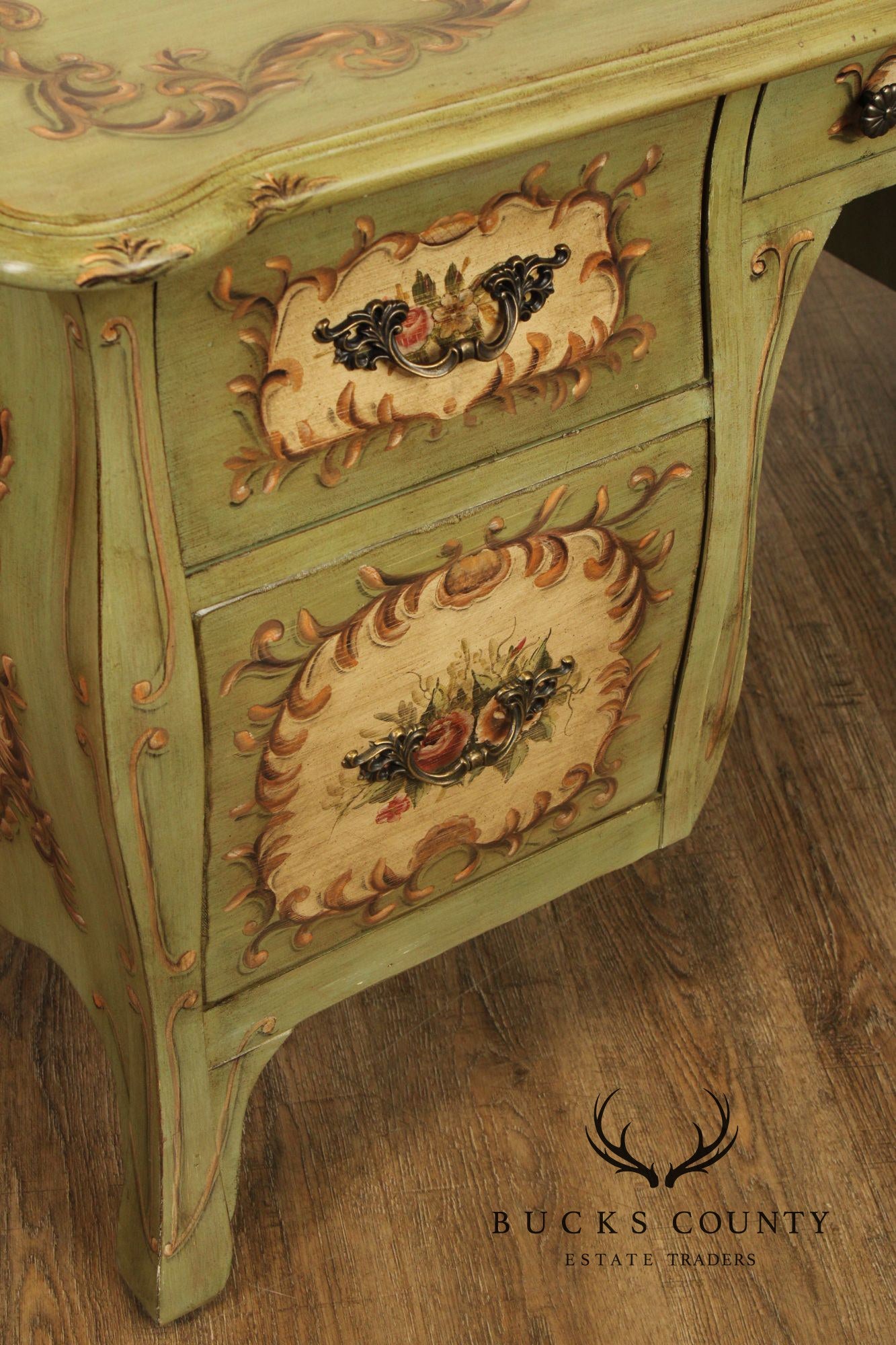 Lane French Louis XV Style Bombe Paint Decorated Executive Desk