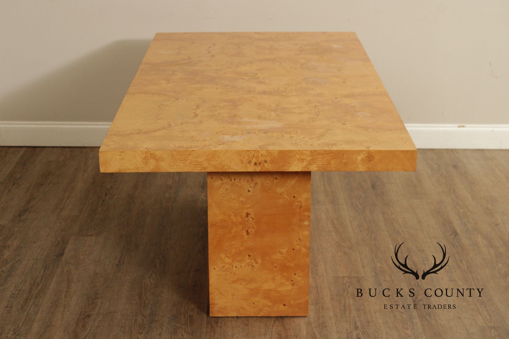 Milo Baughman Style Burlwood Extension Dining Table with 2 Leaves