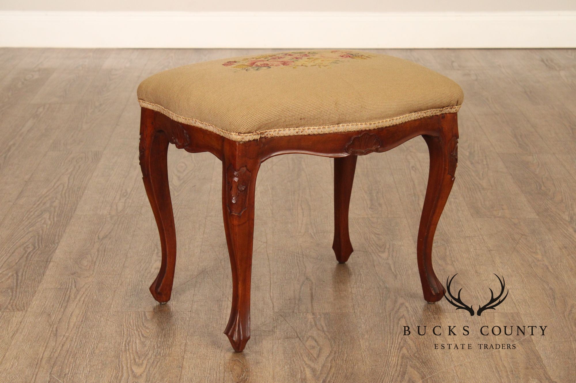 French Louis XV Style Antique Walnut Needlepoint Footstool