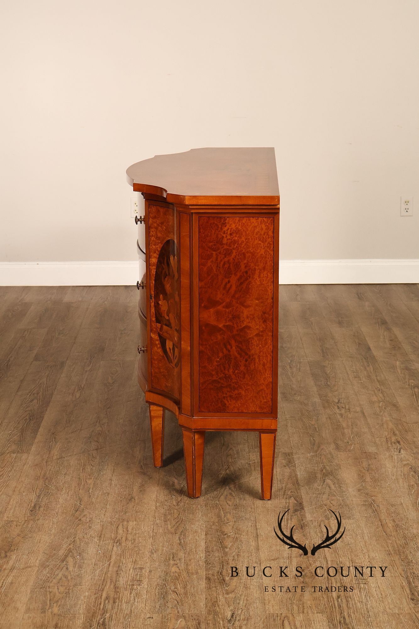 Italian Neoclassical Style Pair of Burl Wood Inlaid Sideboards