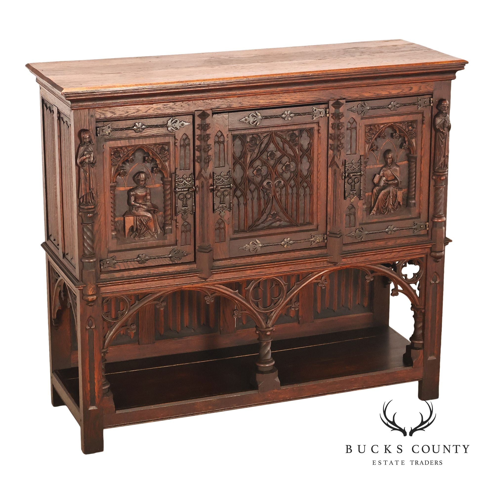 Antique Neo-Gothic Carved Oak Sideboard Server With Figural Panels