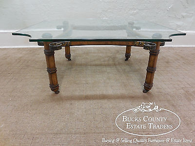 Vintage Spanish Mediterranean Style Walnut Scrolled Metal Glass Top Coffee Table