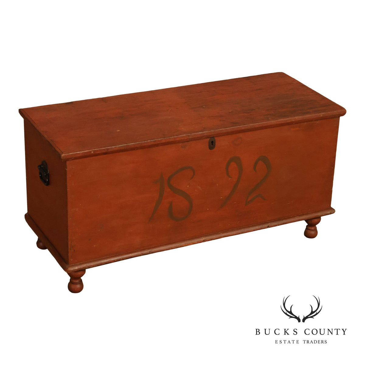 Antique Primitive Pine Painted Blanket Chest On Turned Feet