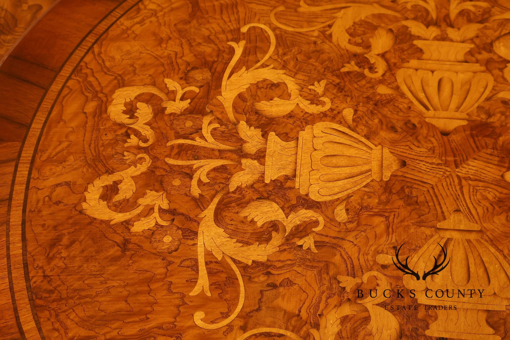 Italian 72" Round Inlaid Burl Wood Dining Table With Lazy Susan