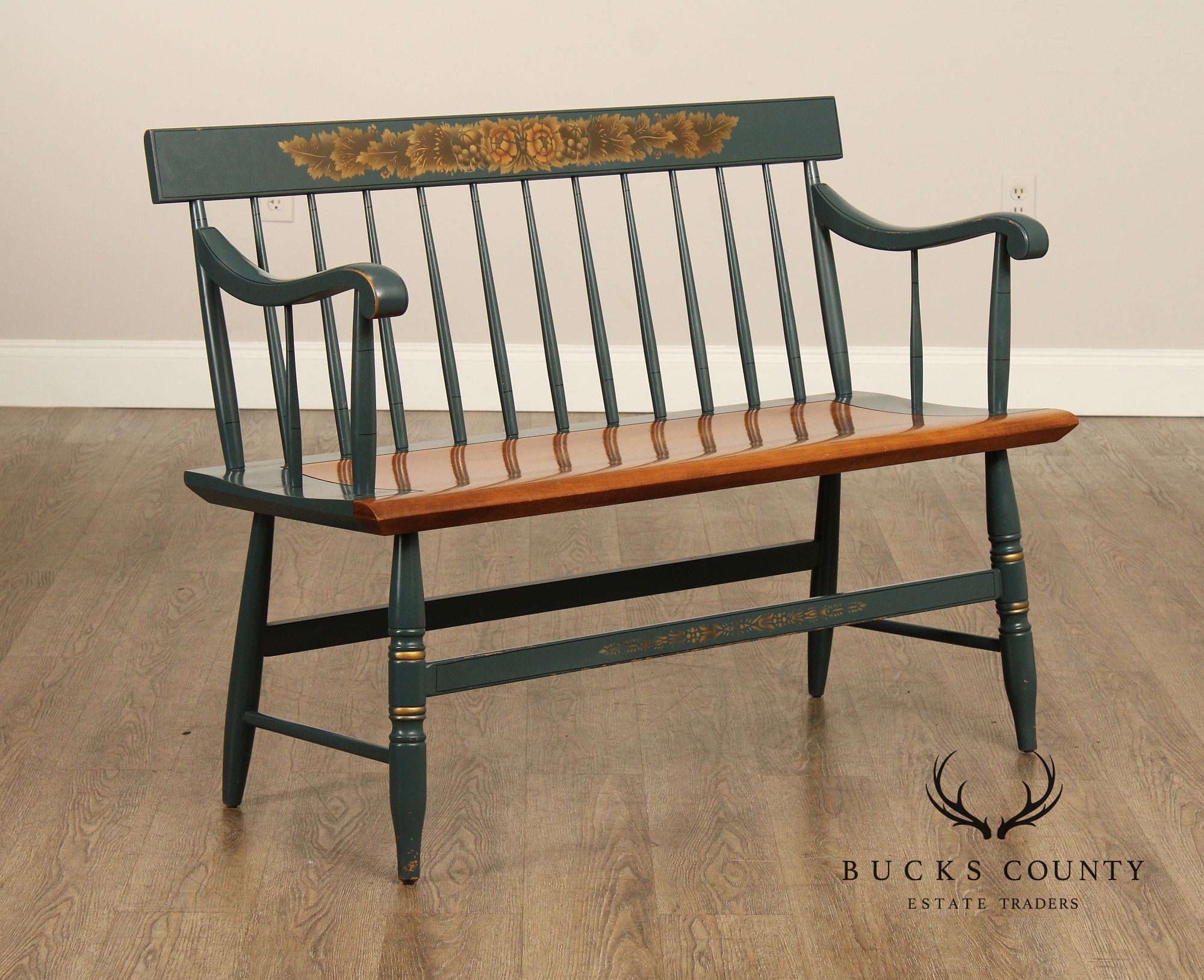 L. Hitchcock Painted Harvest Decorated Windsor Style Settee Bench