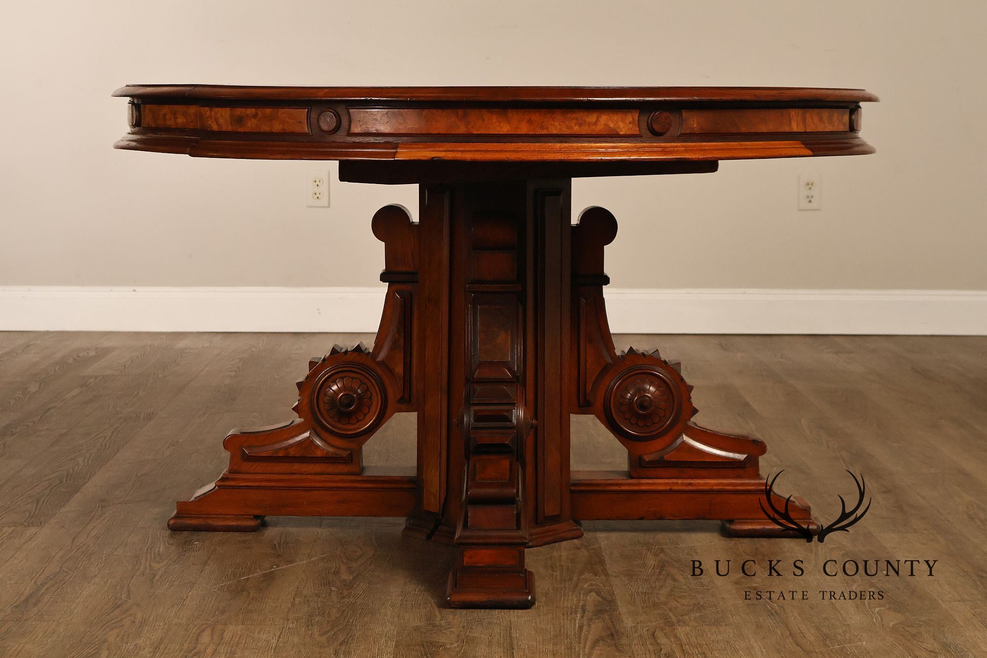 Antique Victorian Renaissance Revival Round Walnut Split Pedestal Extension Dining Table