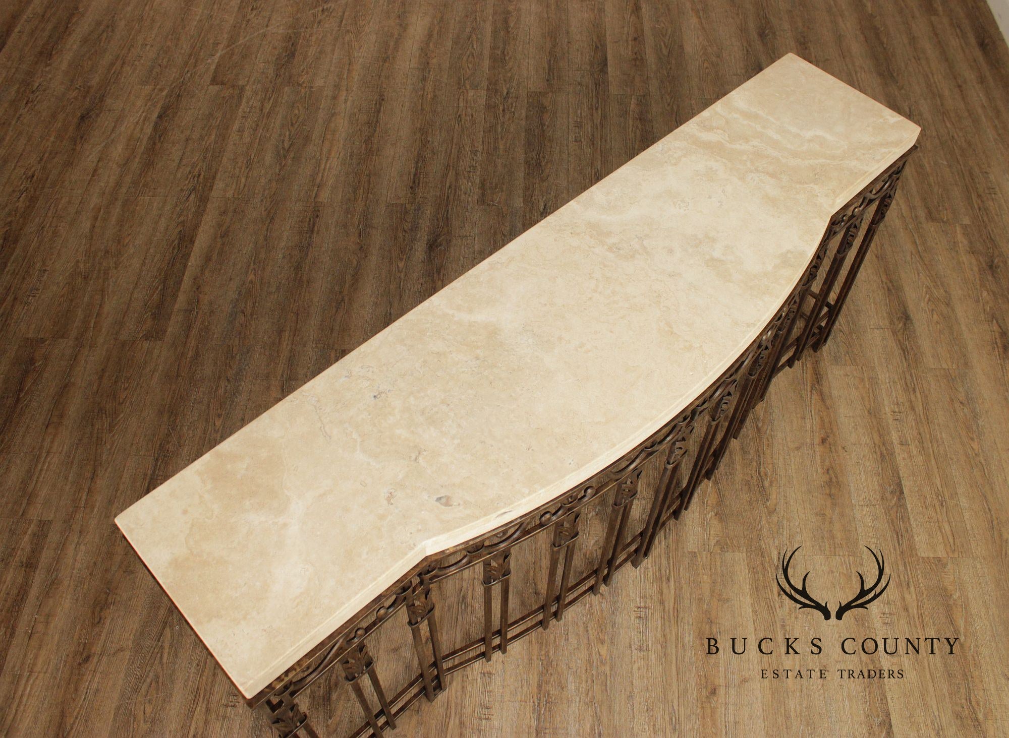Wrought Iron Travertine Top Long Console Table