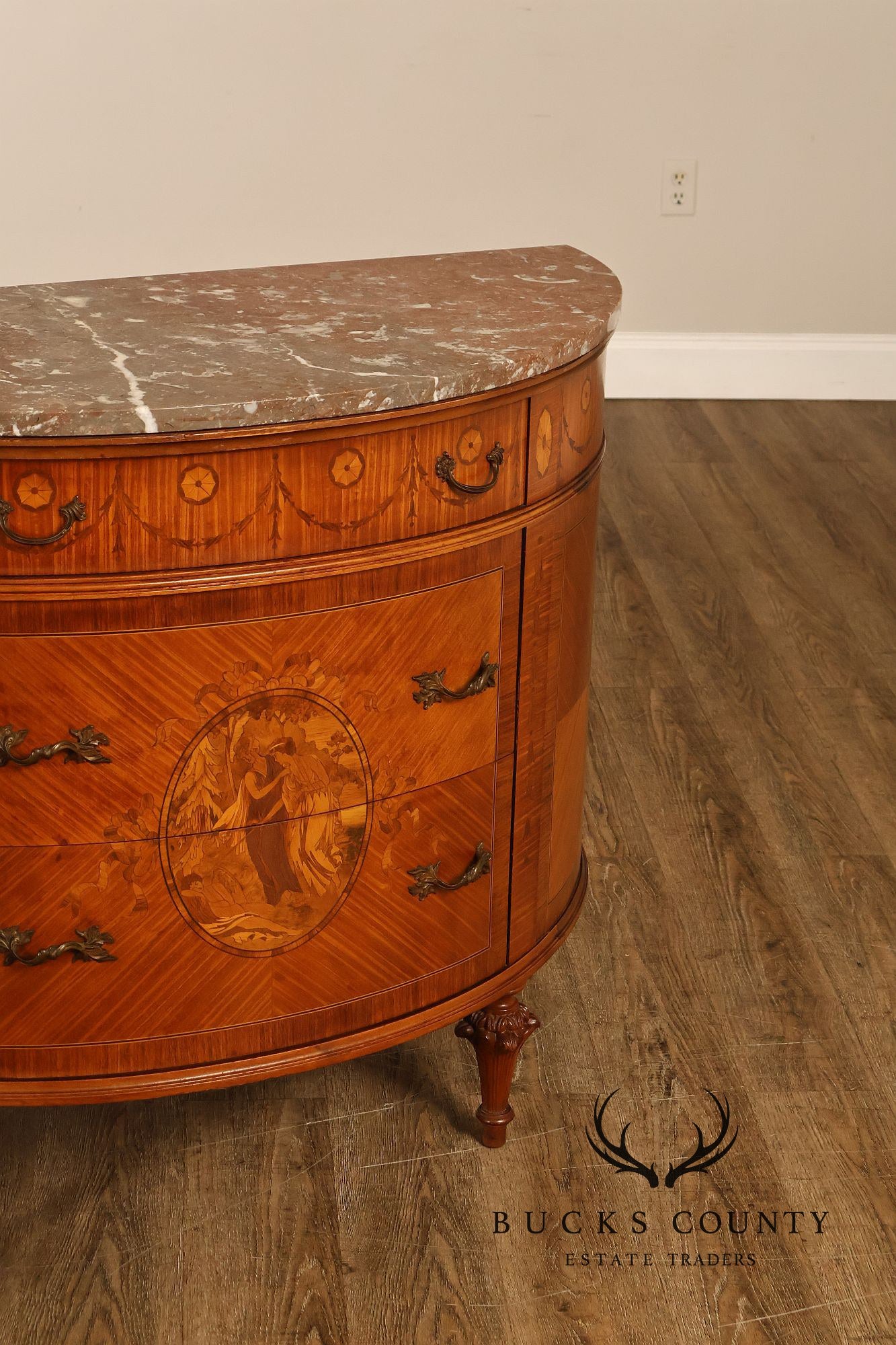Antique French Louis XVI Neoclassical Inlaid Demilune Marble Top Commode