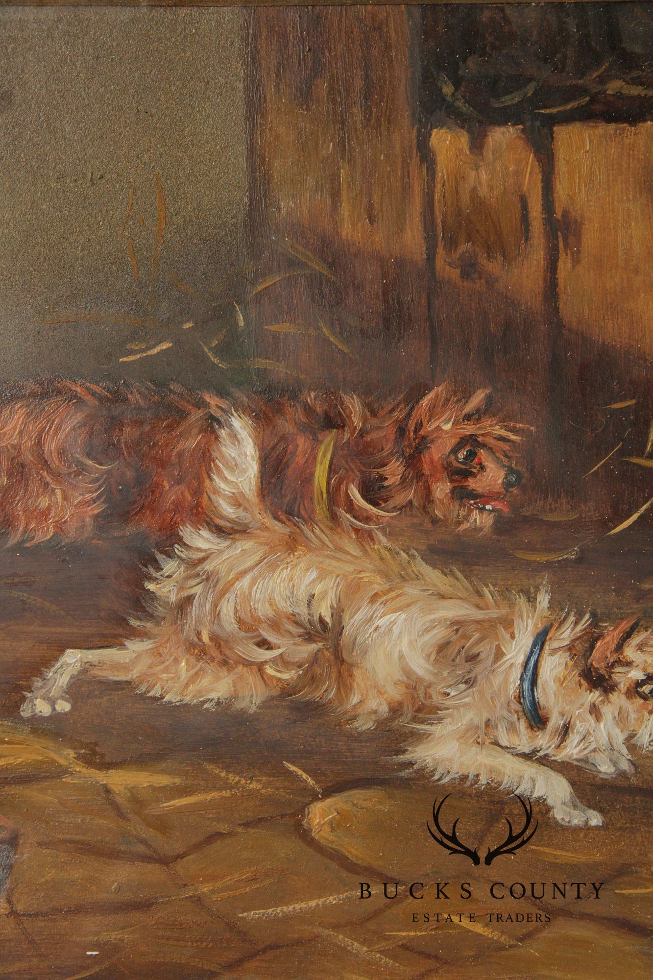 Antique English School Oil Painting, Dogs in Barn