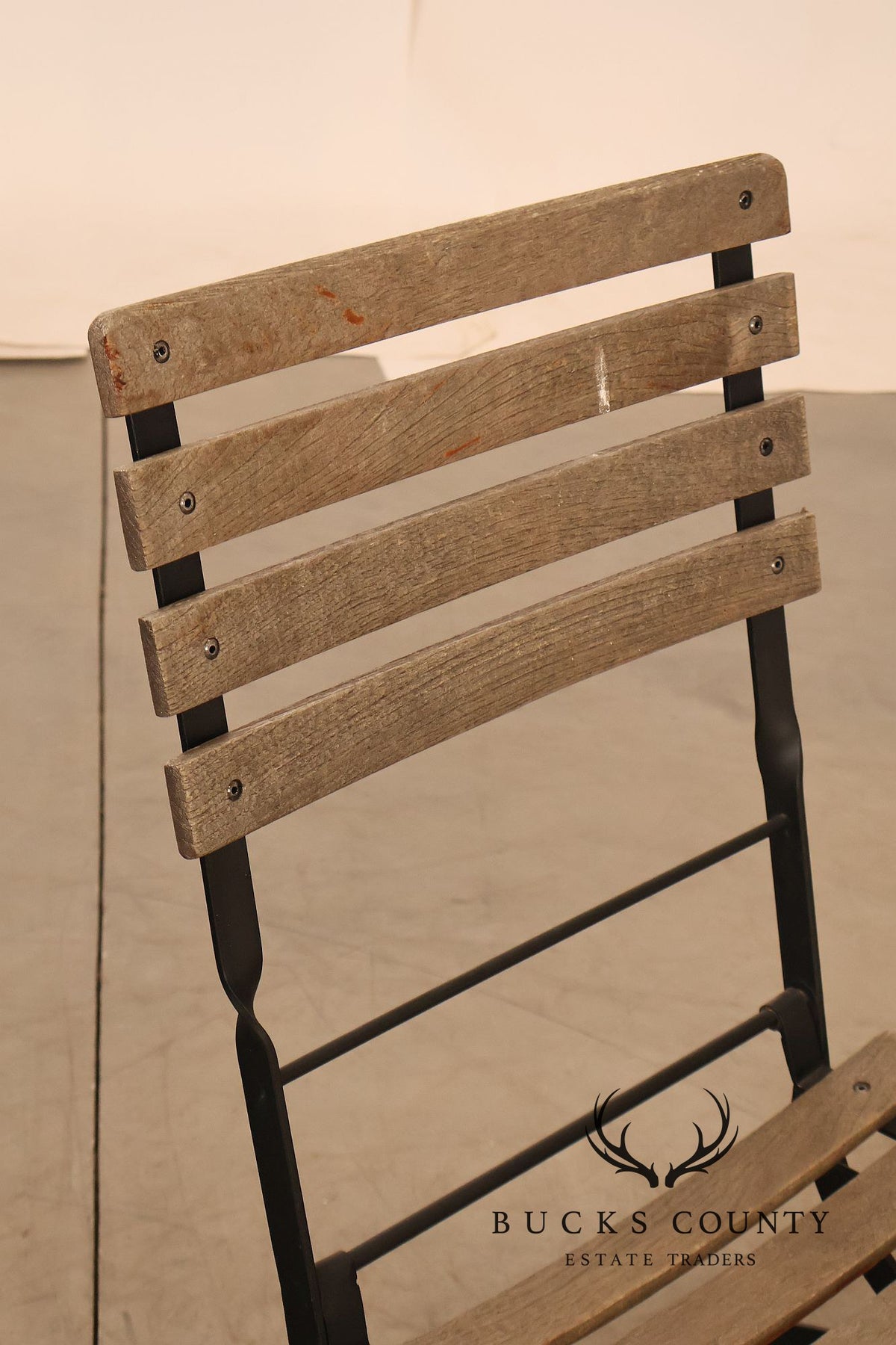 French Style Set of Four Teak and Wrought Iron Bistro Chairs