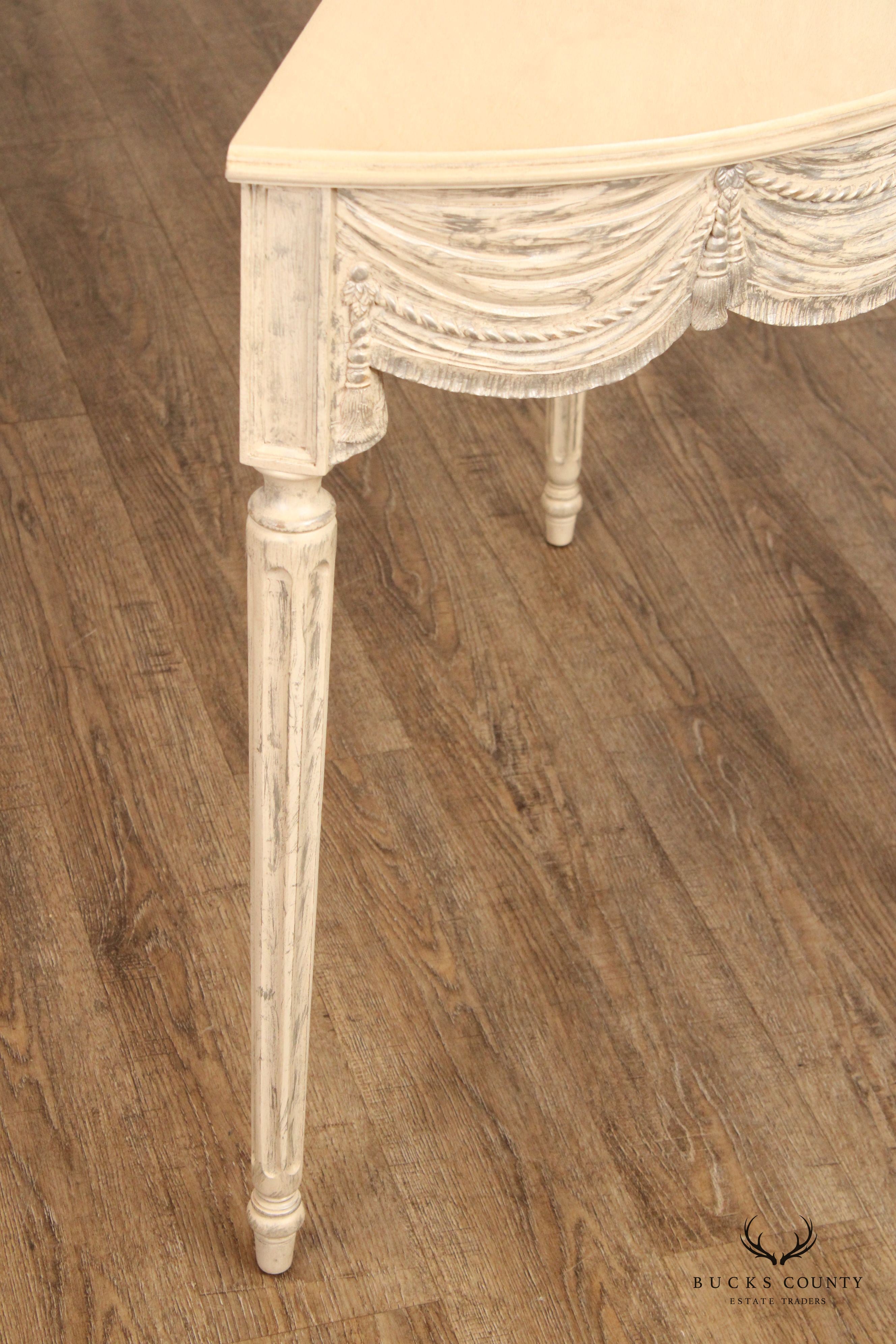 Gustavian Style Pair of Carved and Distress Painted Demilune Console Tables