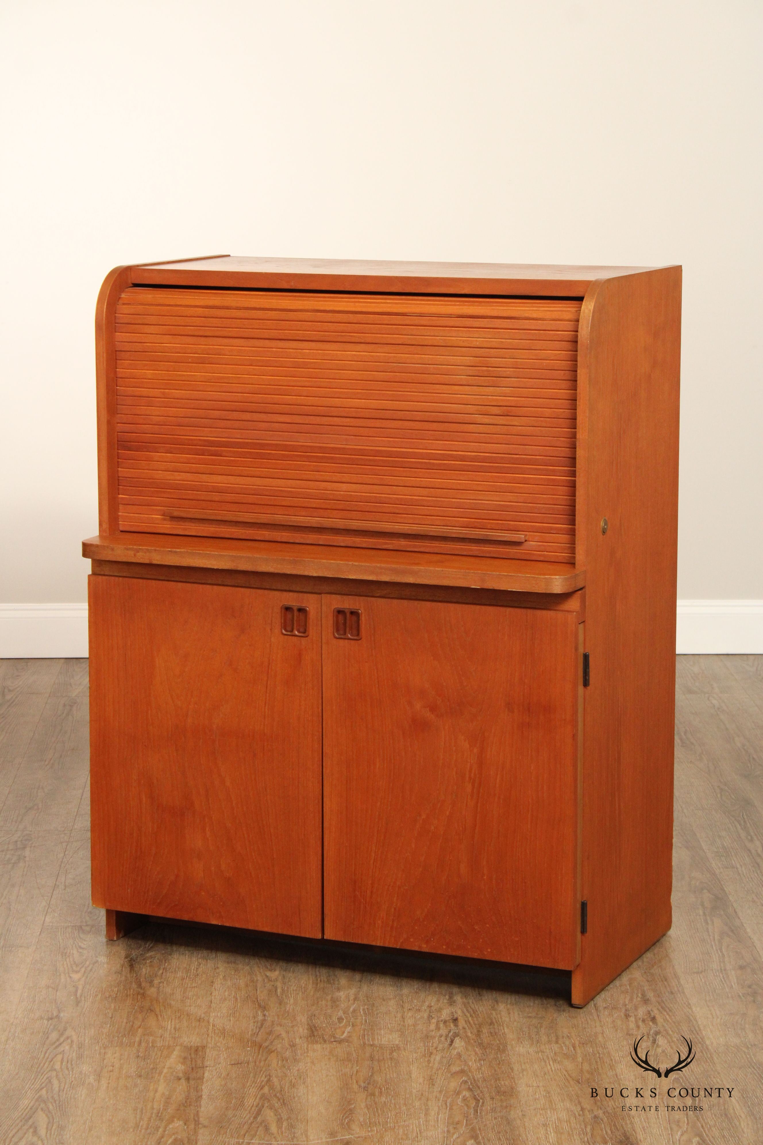 Danish Modern Vintage Teak Roll Top Bar Cabinet or Secretary Desk