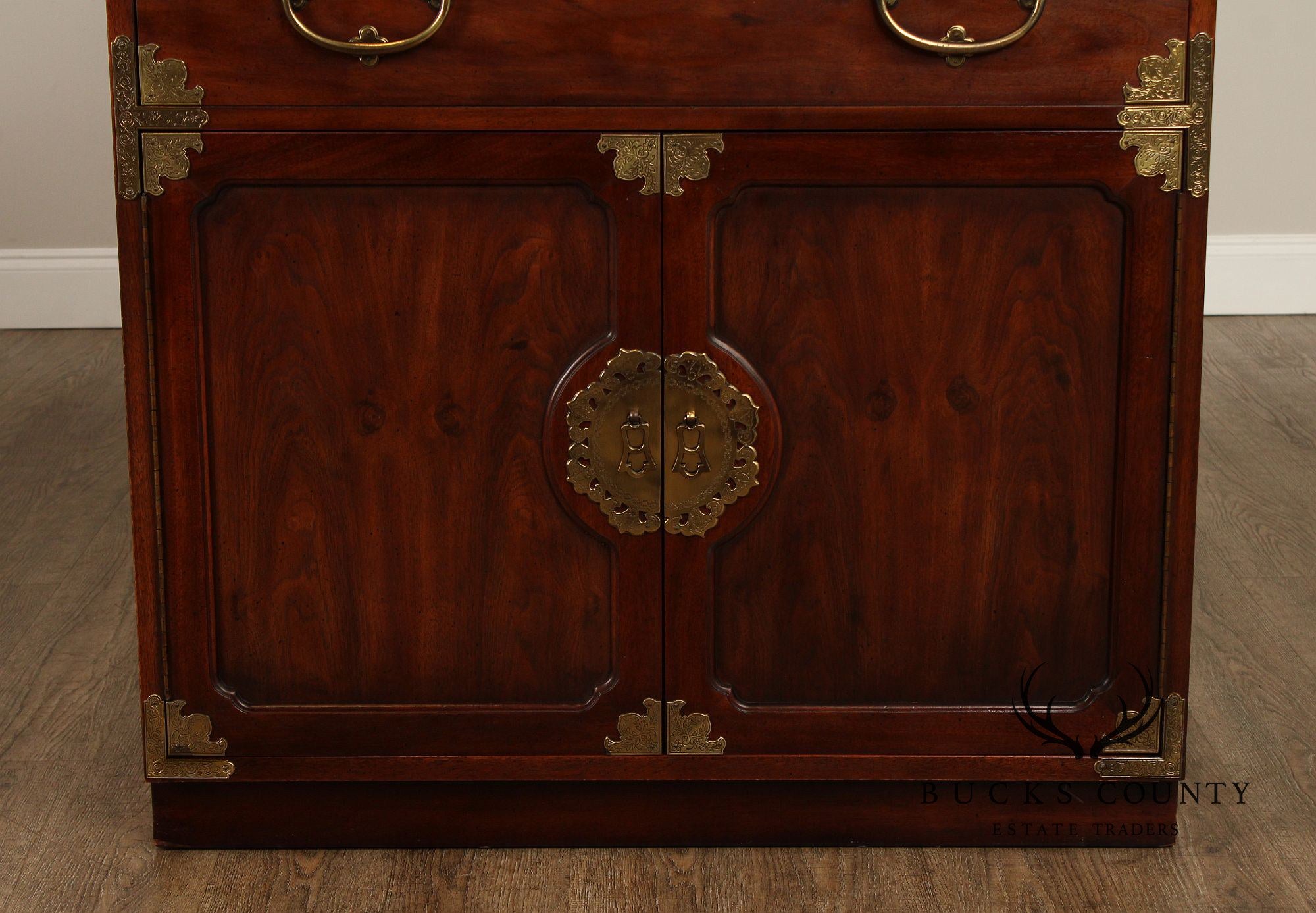 Henredon Asian Style Brass Mounted Walnut Bar Cabinet