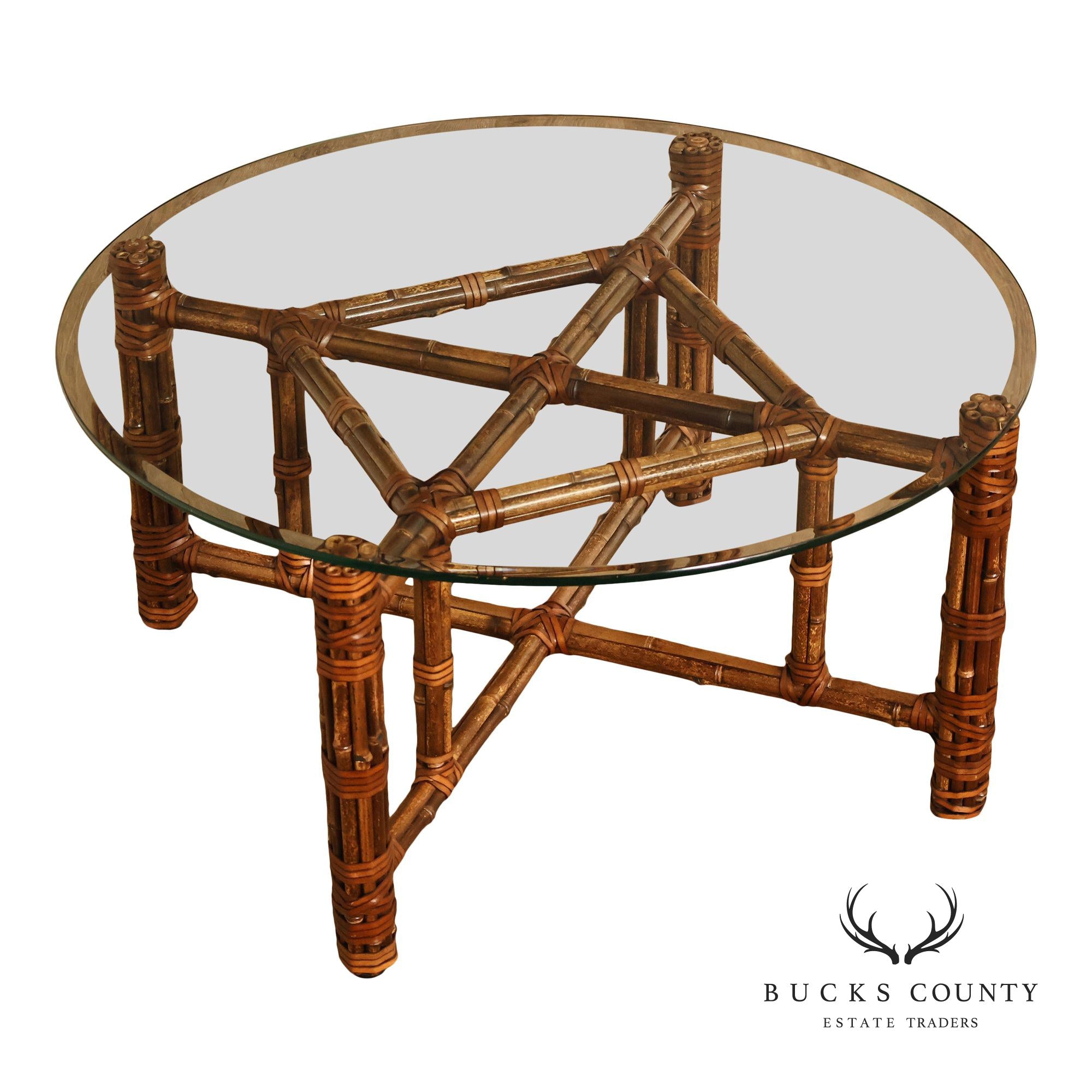 McGuire Bamboo And Rattan Round Glass Top Coffee Table